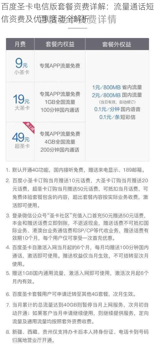百度圣卡电信版套餐资费详解:流量通话短信资费及优惠活动全解析