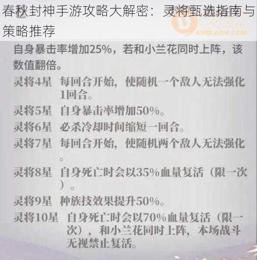 春秋封神手游攻略大解密:灵将甄选指南与策略推荐